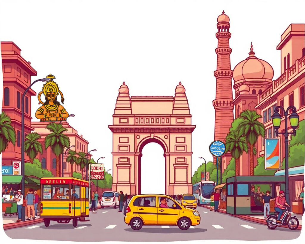 A colourful illustration of Delhi