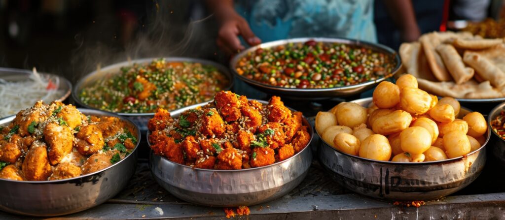 A variety of vibrant Delhi street food dishes